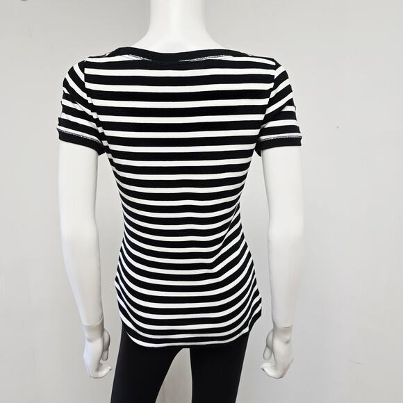 LRL Ralph Top Blouse Lauren Size S Short Sleeve Navy Stripe Button Detail Cotton - Picture 3 of 7